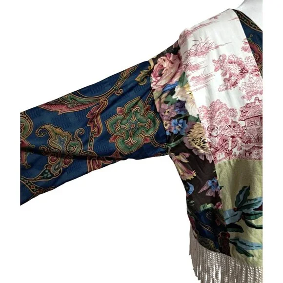 Vintage Boho Patchwork Fringe Floral Kimono Jacket Multicolor Artsy Toile Paisle - Picture 3 of 11